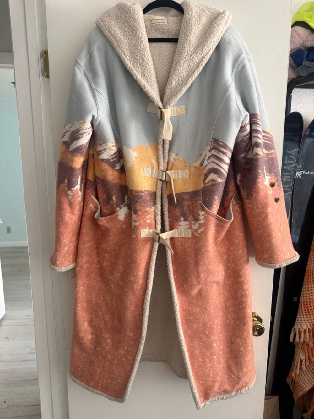 Colorblock Sherpa-Lined Toggle Coat - Pastel Blue & Rust